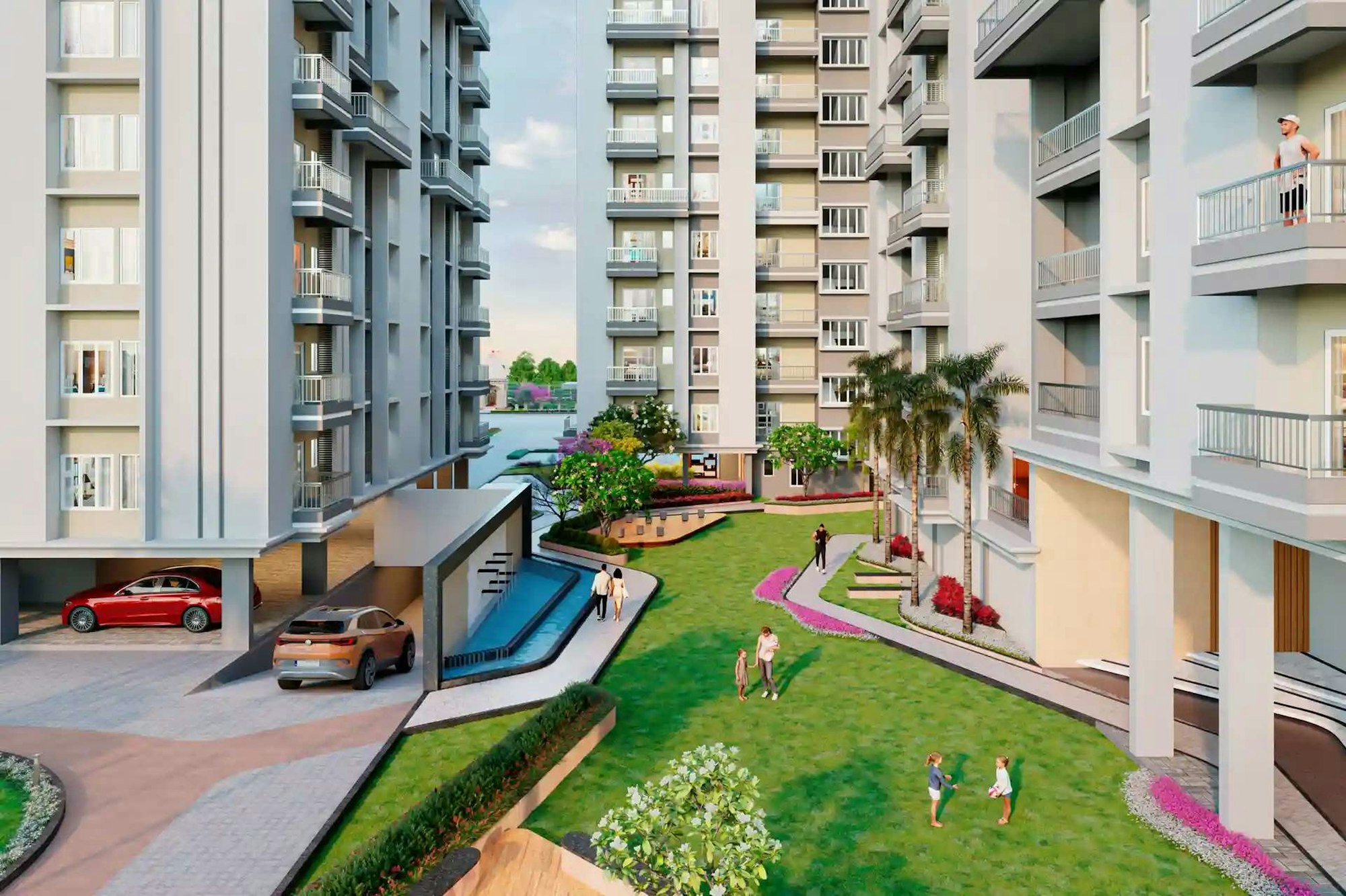 Solrike balkonger med utsikt over felles grøntområde